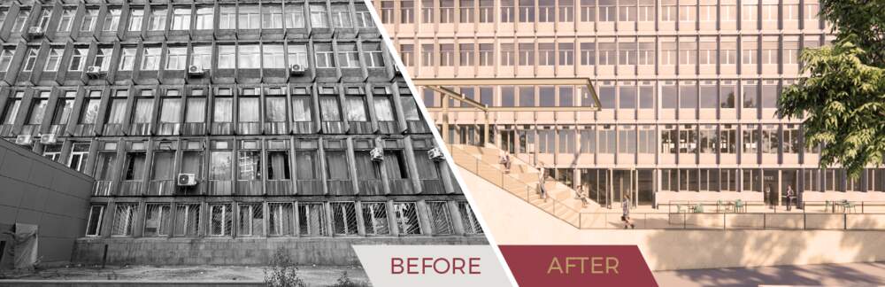 YSMU Library facade, before and after renovation